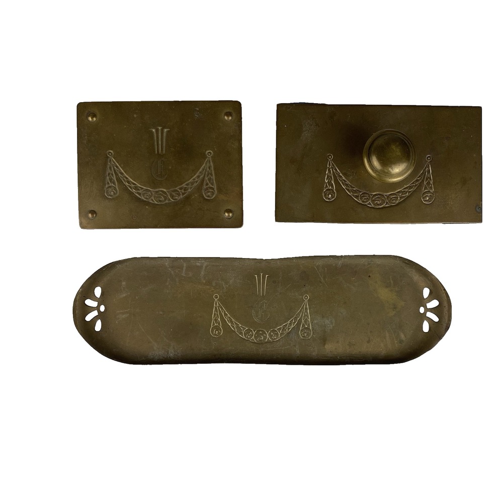 Antique Brass Trinket Stamp Box Tray Set Ges Gesch Austria 1900s Decorative